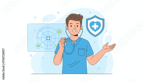 A friendly doctor in blue scrubs holds a stethoscope, symbolizing healthcare and medical expertise, with a digital network of health icons and a protective shield featuring a heart and cross in the