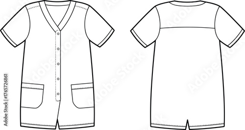 Modern Medical Scrub Top Flat Fashion Sketch Technical Drawing Vector Illustration V-Neck Button-Front Tunic with Patch Pockets Apparel Design Template Doctor Nurse Uniform.