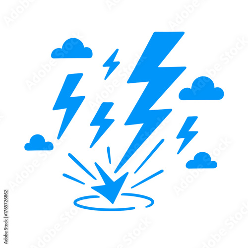 Blue lightning bolts striking down from the sky surrounded by small clouds during a thunderstorm