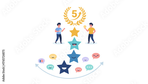 Conceptual illustration of five-star rating system and positive customer feedback, with two men celebrating success and achievement, symbolizing excellent performance and customer satisfaction, on a