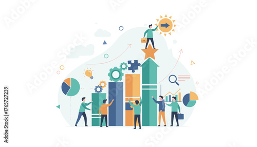 Vibrant vector illustration depicting a collaborative business growth concept with diverse team members working together to achieve success, symbolized by upward-trending bar charts, gears, puzzle