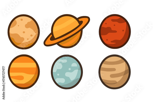 Collection of colorful cartoon solar system planets and celestial bodies icons