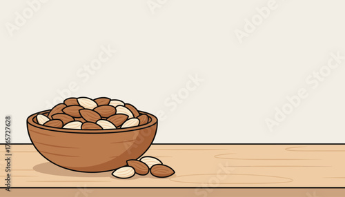 A charming, hand-drawn illustration depicts a rustic wooden bowl overflowing with delicious almonds, some shelled and some with their skins on, resting on a light-colored wooden table, with a few