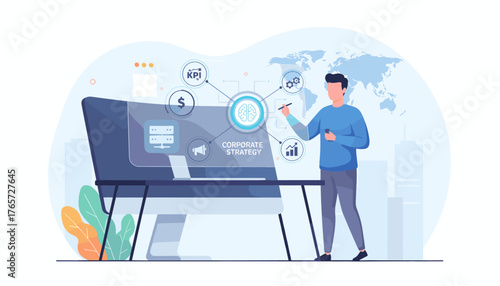 Modern flat illustration of a business analyst using a computer to analyze corporate strategy, visualizing KPIs, data servers, marketing, and financial growth charts on a transparent screen, with a