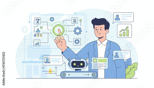 Modern business management concept with a smiling man interacting with a digital interface, a friendly robot assistant, and data analytics charts, illustrating automation, technology, and efficiency