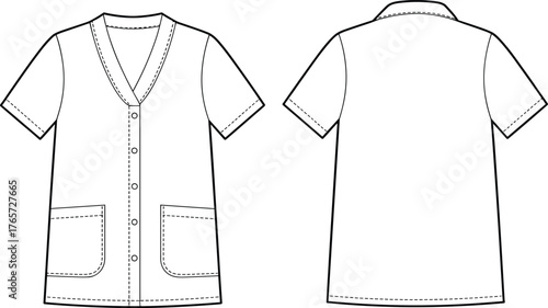Professional Medical Scrub Top Flat Fashion Sketch Technical Drawing Vector Illustration V-Neck Button-Front Tunic with Pockets Apparel Design Template Doctor Nurse Uniform.