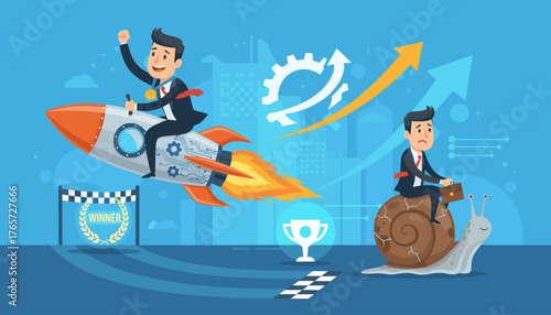 Vivid cartoon illustration depicting a businessman triumphantly riding a rocket ship towards a finish line, symbolizing rapid business growth and success, contrasted with another businessman slowly
