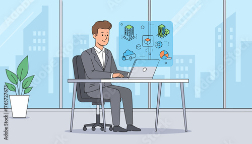 Modern businessman in a suit working on a laptop at a desk in a contemporary office with large windows overlooking a cityscape, digital interface displaying BIM concepts, cloud computing, and data
