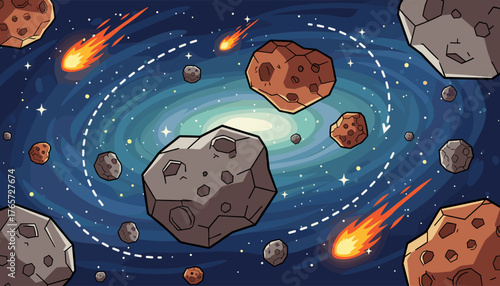 Vibrant cartoon illustration of asteroids and meteorites traveling through the vastness of deep space, set against a swirling galaxy background with twinkling stars and fiery comets streaking across