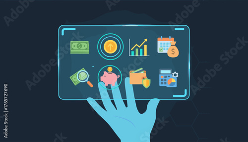 Futuristic holographic interface displaying a collection of financial management icons, including money, piggy bank, calculator, wallet with shield, growth chart, calendar, and magnifying glass