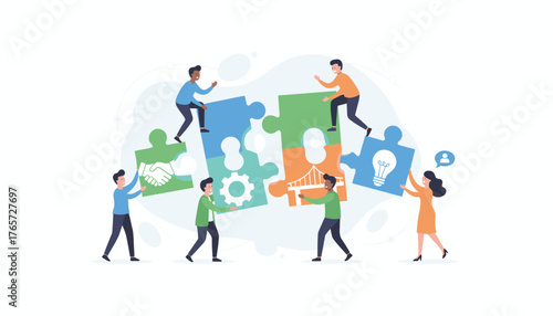 Business concept of teamwork and collaboration, with diverse people connecting puzzle pieces representing partnership, innovation, strategy, and shared goals, symbolizing successful project