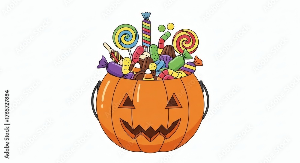Fototapeta premium Halloween Clipart A Festive Pumpkin Basket Overflowing with Colorful Treats