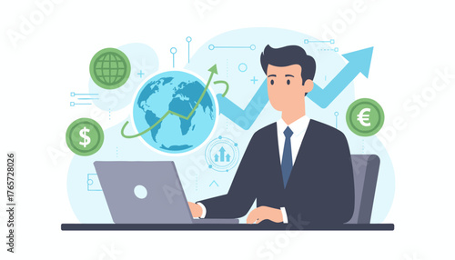 A smiling businessman in a suit sits at a desk using a laptop, with a holographic globe displaying financial charts and currency symbols like dollar and euro, symbolizing global business growth and