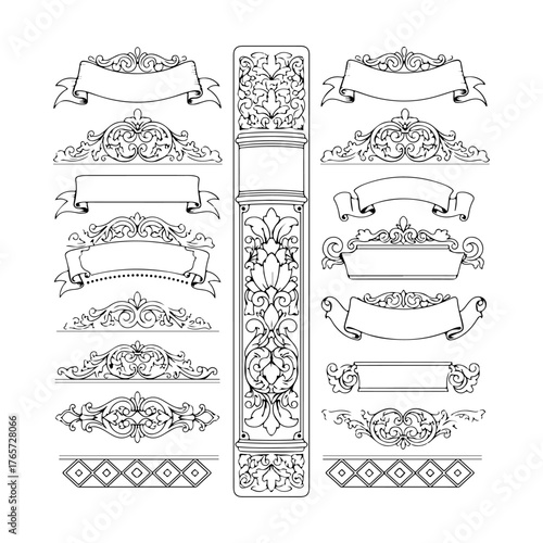 Vintage Book Spine and Scroll Lines – Decorative Book Cover Frames Vector Elements