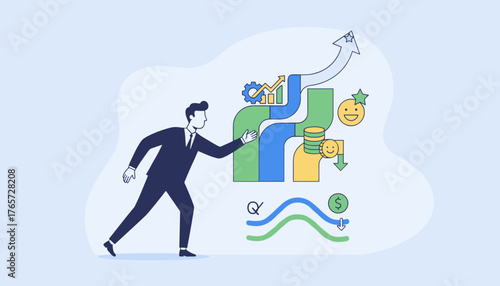 Business man in a suit strategically navigating a complex flowchart representing quality control and cost optimization for products, with graphs, coins, and smiley faces indicating success and