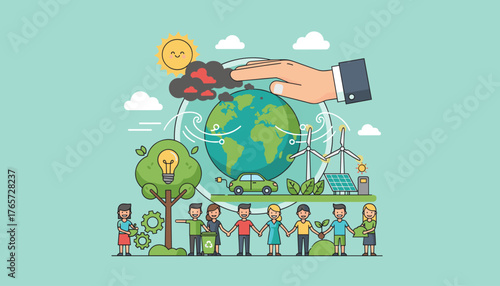 Vivid illustration depicting the concept of reducing greenhouse gas emissions for climate protection, featuring a hand shielding the Earth from pollution, surrounded by renewable energy sources like