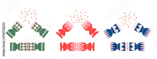 Set of colorful crackers with confetti on white background. Geometric flat ornament. Christmas or birthday template. Isolated elements.
