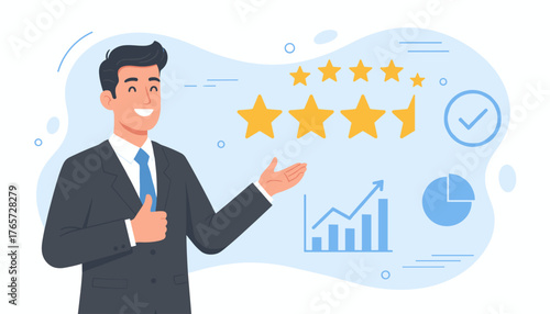 Smiling businessman in a suit giving a thumbs up and presenting a graphic of customer satisfaction with four and a half stars, a bar chart showing growth, and a pie chart, representing excellent