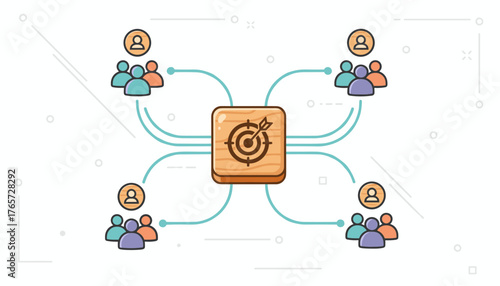 Customer Relationship Management Concept: A Central Target Icon Connected to Diverse Groups of People, Illustrating Strategic Outreach and Connection in Business and Marketing Strategies, with a