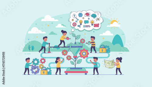 Vibrant flat illustration depicting a diverse team of children collaborating to cultivate new ideas, symbolized by a growing plant within a funnel and gears, representing innovation, teamwork