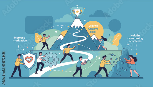 Goal-focused illustration depicting the journey to success, showcasing teamwork, overcoming obstacles, and increasing motivation through collaborative effort and determination to reach the ultimate