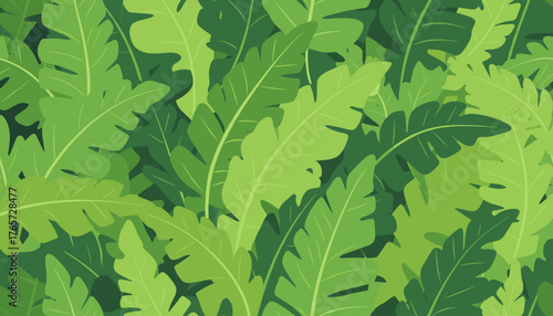 Vibrant seamless pattern of lush green tropical fern leaves, creating a dense, naturalistic background with varying shades of green and intricate vein details, perfect for nature-themed designs and