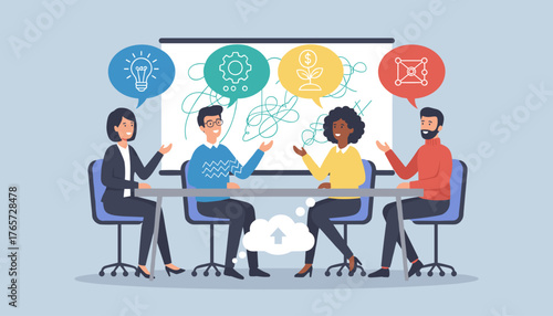 Diverse group of professionals collaborating around a table, brainstorming ideas with icons representing innovation, growth, and strategy, fostering a dynamic business meeting environment for