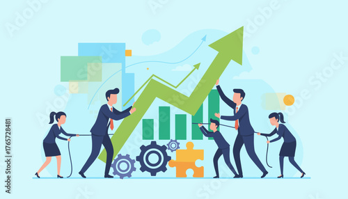 Teamwork and collaboration driving business growth, depicted by diverse professionals pulling a large green upward trending graph, symbolizing success and progress, with gears and puzzle pieces