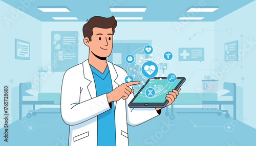 Modern healthcare technology concept: A doctor in a white coat uses a digital tablet displaying medical icons and data, surrounded by a futuristic interface, in a clean hospital room with beds and