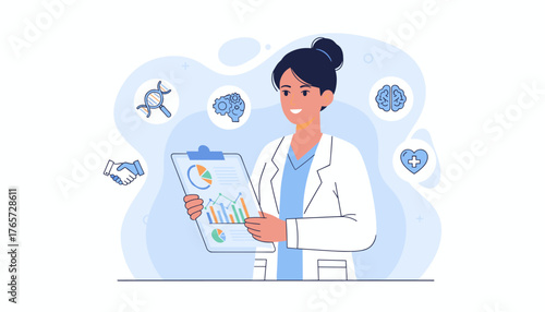 A smiling female doctor in a white lab coat holds a clipboard with charts and graphs, surrounded by medical and scientific icons like DNA, brain, heart, and handshake, representing healthcare
