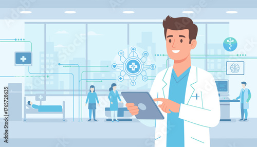 Modern healthcare technology concept with a smiling doctor in a white coat holding a tablet, surrounded by digital interfaces, medical icons, and a patient in a hospital bed, representing innovation