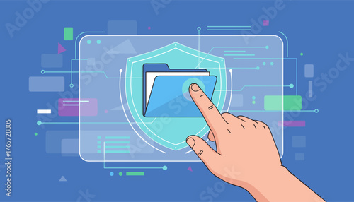 Digital security concept: A hand touches a blue folder icon protected by a shield, set against a background of abstract technological elements and data streams, symbolizing data protection and
