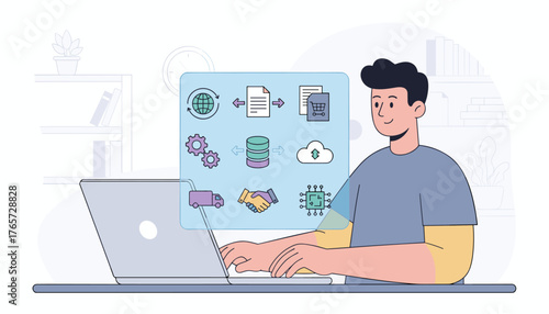 Modern flat illustration of a person working on a laptop, with a virtual screen displaying Electronic Data Interchange (EDI) icons representing global network, documents, shopping cart, gears