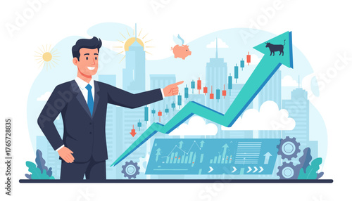 Successful businessman pointing at a rising stock market graph with bull symbol, symbolizing business growth and financial success, against a city skyline backdrop with flying piggy bank and gears