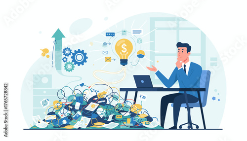 Businessman contemplating a complex pile of tangled wires and papers, symbolizing problem-solving and strategic thinking, with a bright idea lightbulb illuminating the path to a successful solution