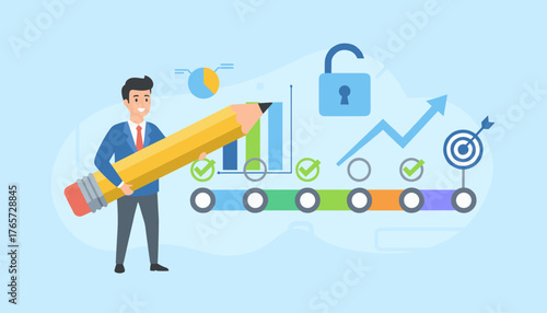 Business professional holding a giant pencil, symbolizing project tracking and goal achievement, with a progress chart, target, unlocked padlock, and checklist icons indicating successful task