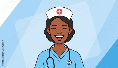Portrait of a smiling African woman nurse wearing a light blue uniform and cap with a red cross, holding a stethoscope, conveying care and professionalism in a modern flat illustration style with a