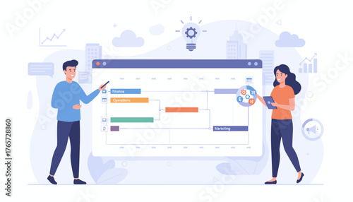 Modern flat illustration of a project manager and a team member collaborating on a Gantt chart schedule, symbolizing business planning, task management, and strategic development with icons for