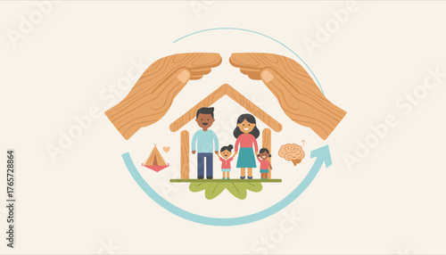 Conceptual illustration of a family protected by caring hands under a wooden roof, symbolizing safety, security, and well-being, with elements representing growth, health, and outdoor activities like