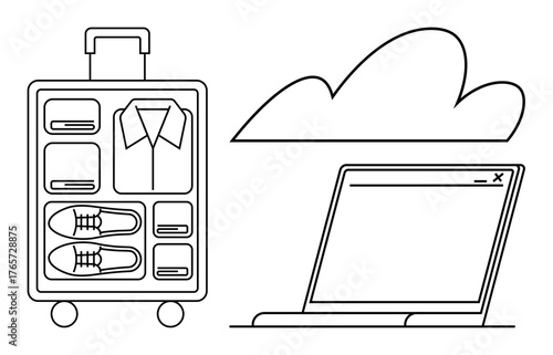 Open suitcase with neatly arranged clothes and shoes alongside a laptop under a cloud representing cloud-based storage or travel planning. Ideal for business trips, remote work, travel, digital