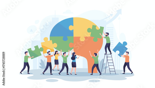 Diverse team of professionals collaborating to assemble a large, colorful puzzle representing a business concept, symbolizing teamwork, strategy, and problem-solving in a modern, abstract cityscape
