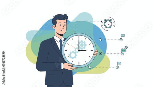 A smiling businessman in a dark suit holds a large clock with gears inside, symbolizing punctuality, time management, and efficiency in business appointments and scheduling, with icons representing