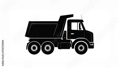 Simple black silhouette of a heavy-duty dump truck with six wheels on a white background