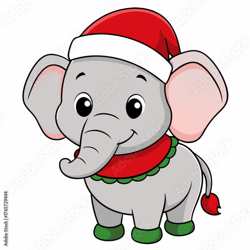 Cute cartoon baby elephant wearing a santa hat and festive scarf for christmas