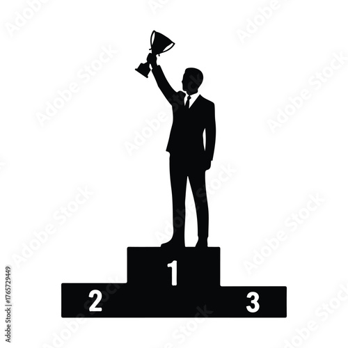 Silhouette of a triumphant businessman standing on a winner's podium holding a trophy aloft celebrating victory