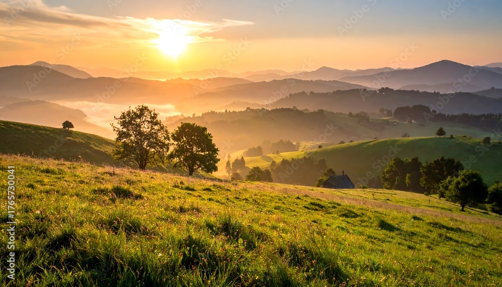 Fototapeta premium Golden sun rises over green hills with distant mountains and light fog, creating a serene landscape vista