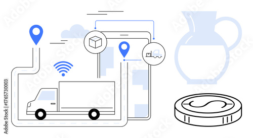 Truck in motion with GPS markers, mobile tracking interface, coin, and abstract pitcher. Ideal for logistics, transportation, technology, delivery, digital commerce supply chain financial savings