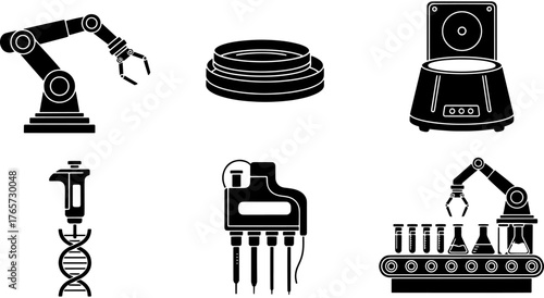 Biotechnology and genetic engineering icons. Robotic arm, micropipette, DNA helix and lab equipment. Scientific research and pharmaceutical manufacturing. Conveyor. Solid pictogram set.