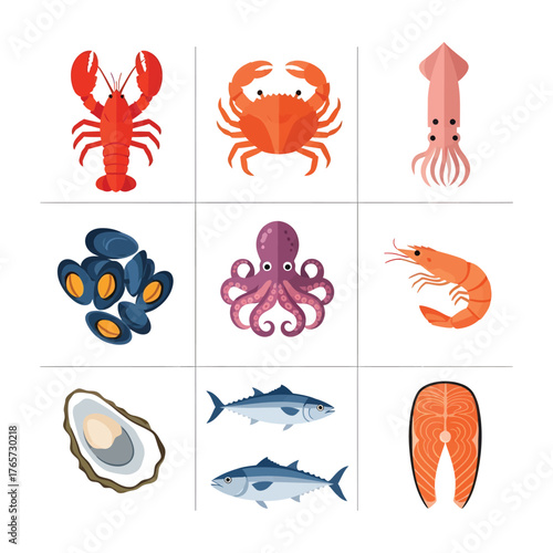 Common Seafood Animals Flat Lay Icon Set