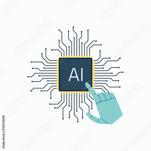 Artificial intelligence concept with robotic hand touching a microprocessor chip on a circuit board background